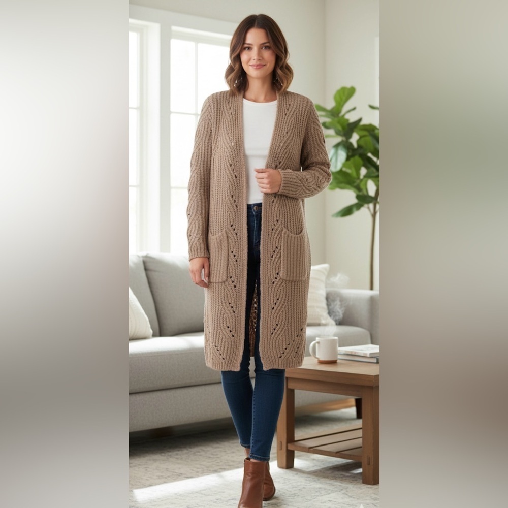 Chico's Tan Ribbed Knit Open Front Cardigan Sweater